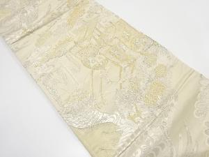 アンティーク　御所車に草花・尾長鳥模様織り出し　全通袋帯（材料）